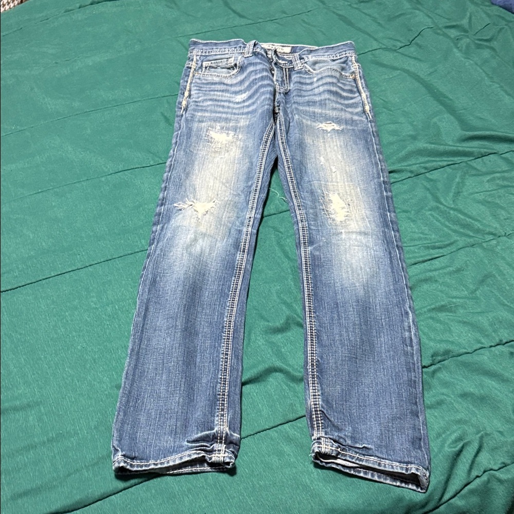 BKE Men's Straight Blue Jeans with Distressed Look